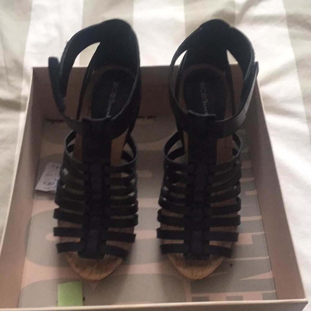 BCBG black leather cork heels